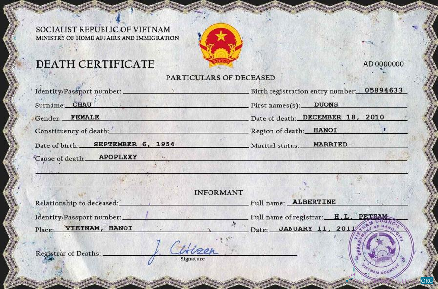 Download Vietnam death certificate PSD template Photoshop template